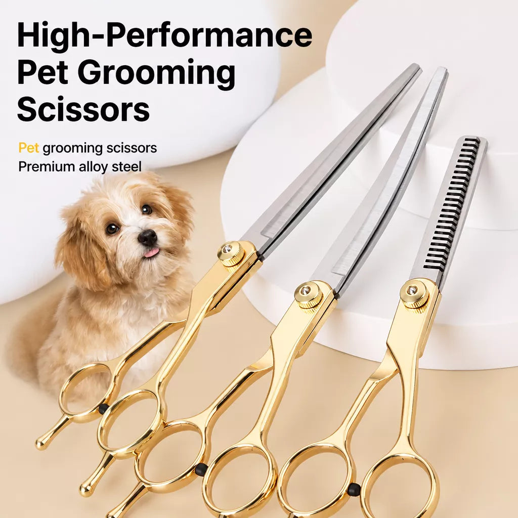 Dog Grooming Shears Set with Thinning, Curved & Straight Shears