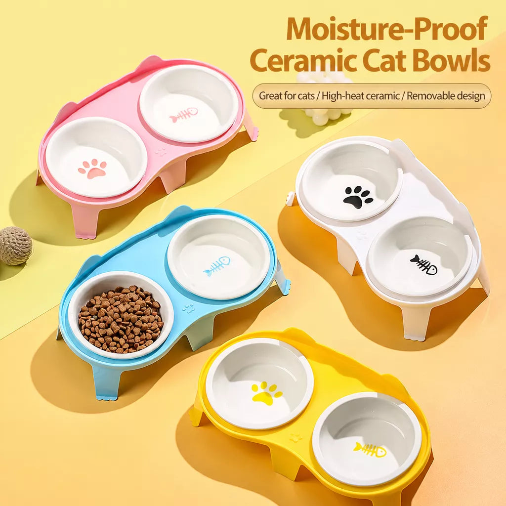Elevated Double-Bowl Ceramic Cat Feeding Set