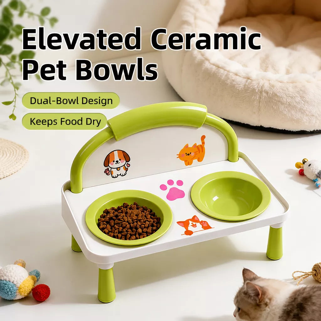 Elevated Double Pet Bowl Stand with Ceramic Bowls