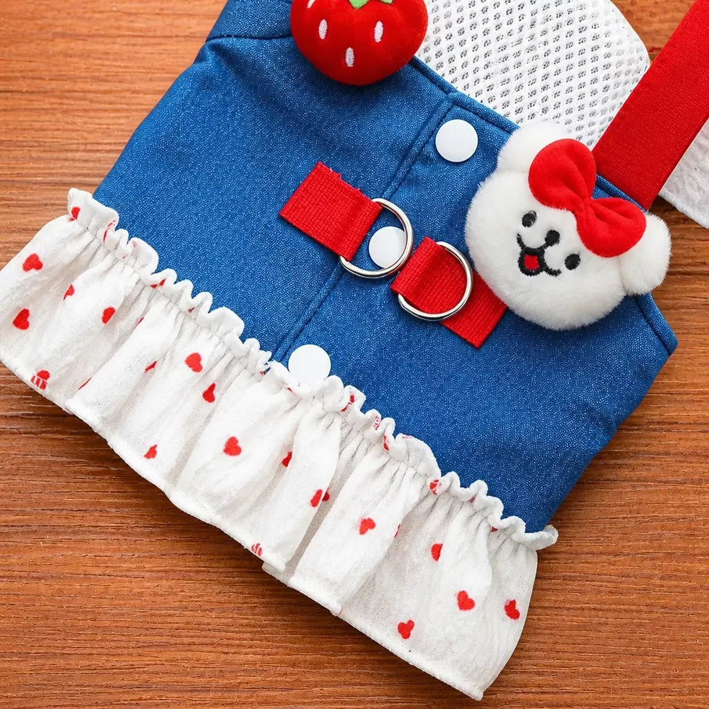 Cotton Denim-Style Pet Dress with Harness and Leash