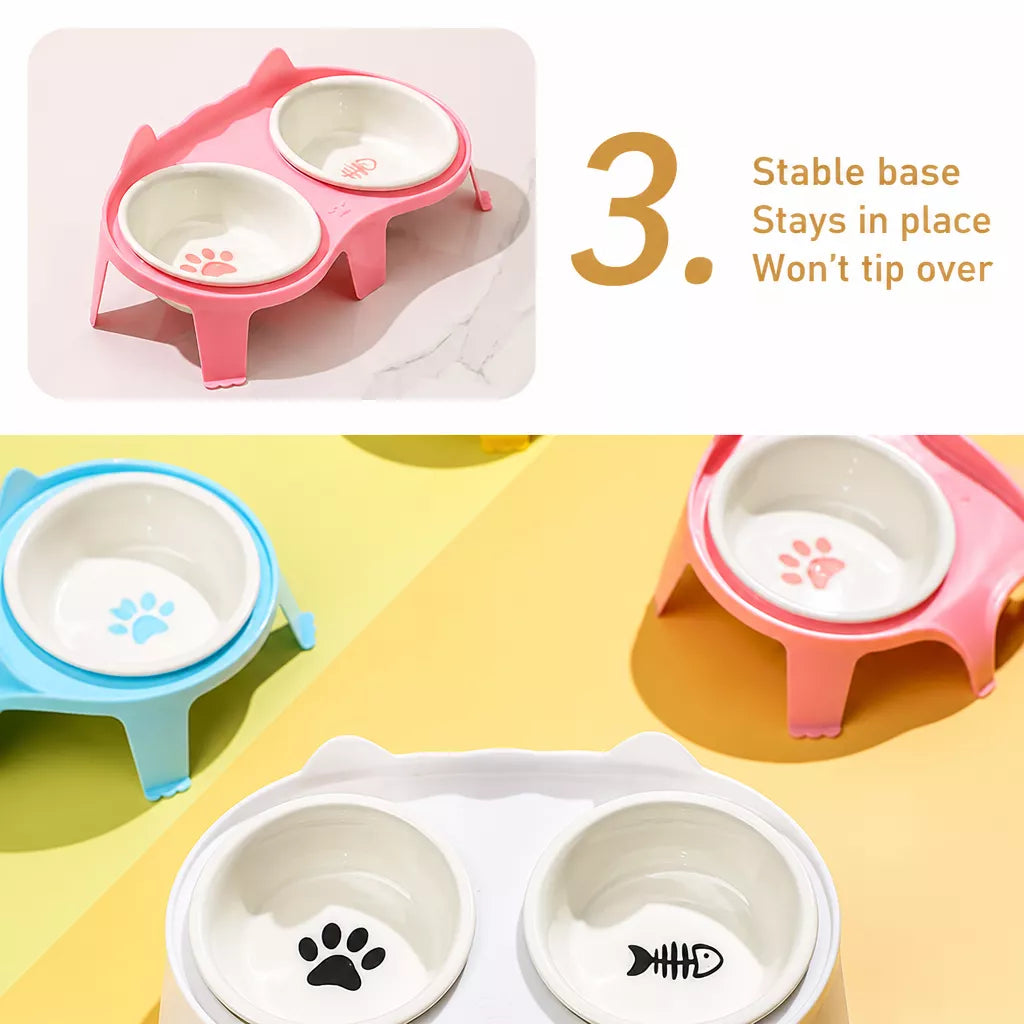 Elevated Double-Bowl Ceramic Cat Feeding Set
