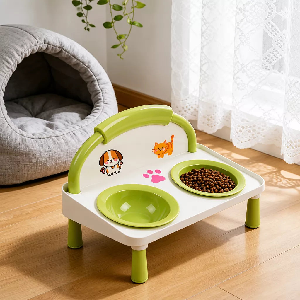 Elevated Double Pet Bowl Stand with Ceramic Bowls