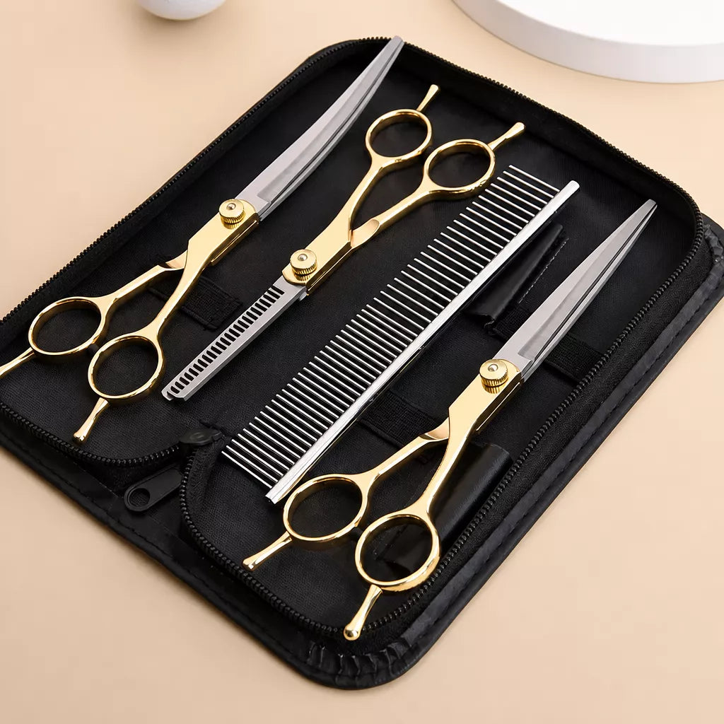 Dog Grooming Shears Set with Thinning, Curved & Straight Shears