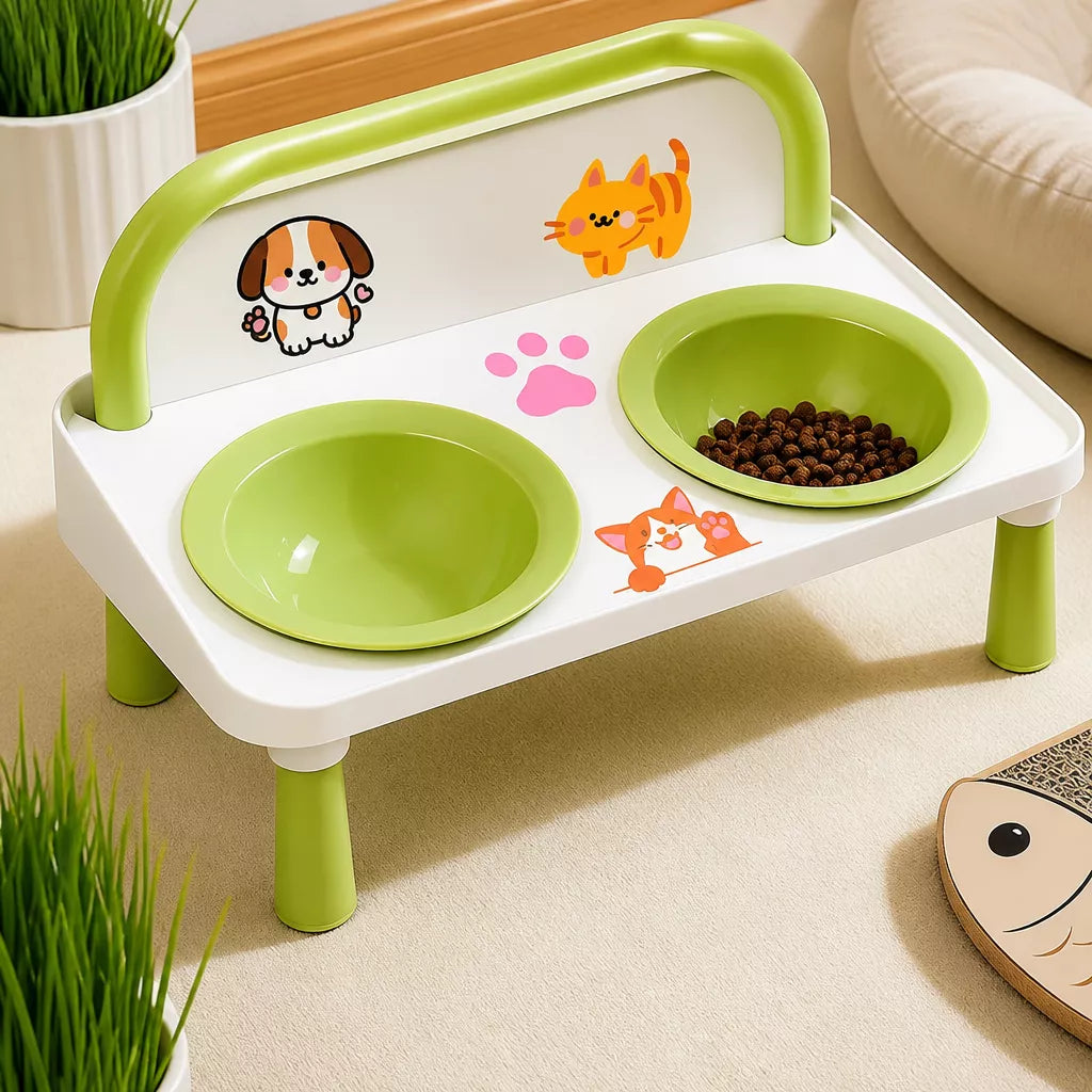 Elevated Double Pet Bowl Stand with Ceramic Bowls