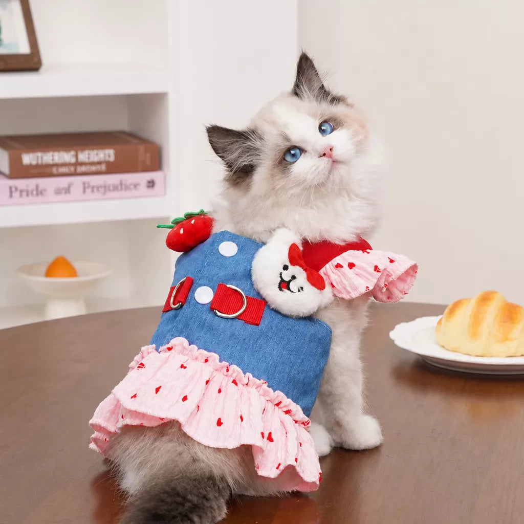 Cotton Denim-Style Pet Dress with Harness and Leash