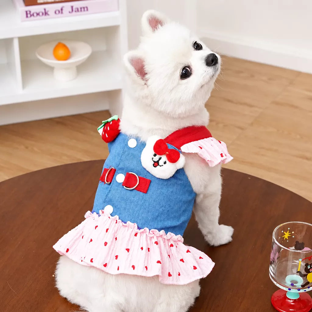 Cotton Denim-Style Pet Dress with Harness and Leash