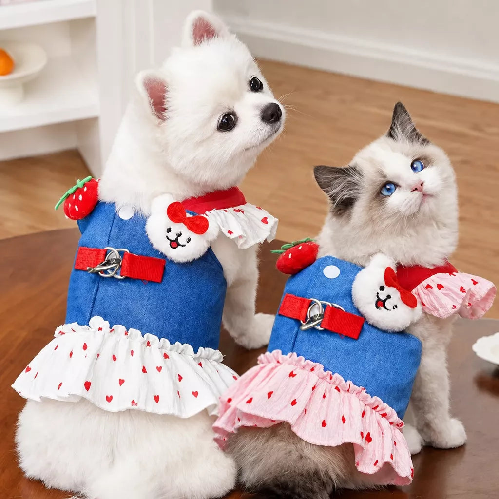 Cotton Denim-Style Pet Dress with Harness and Leash