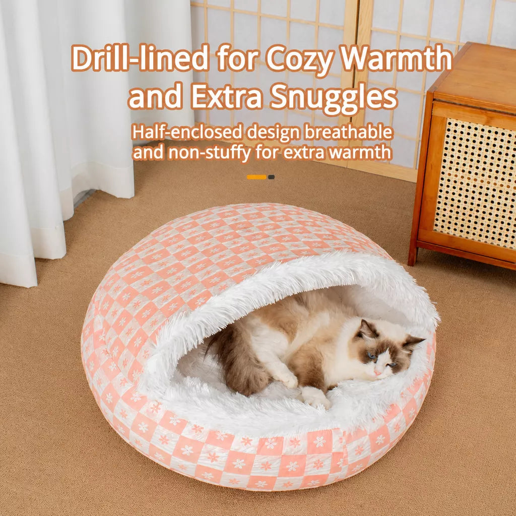Enclosed Plush Pet Bed for Cats and Small Dogs