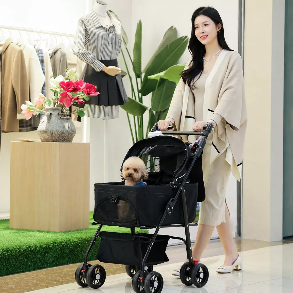 Foldable Pet Stroller with Removable Carrier and Tray