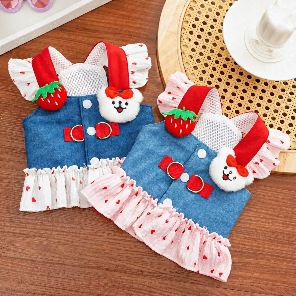 Cotton Denim-Style Pet Dress with Harness and Leash
