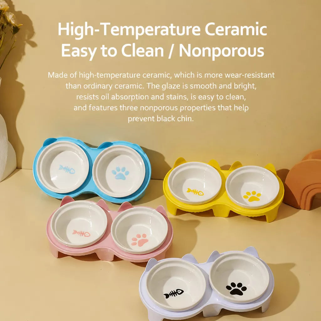 Elevated Ceramic Two-Bowl Pet Feeding Set with Stand