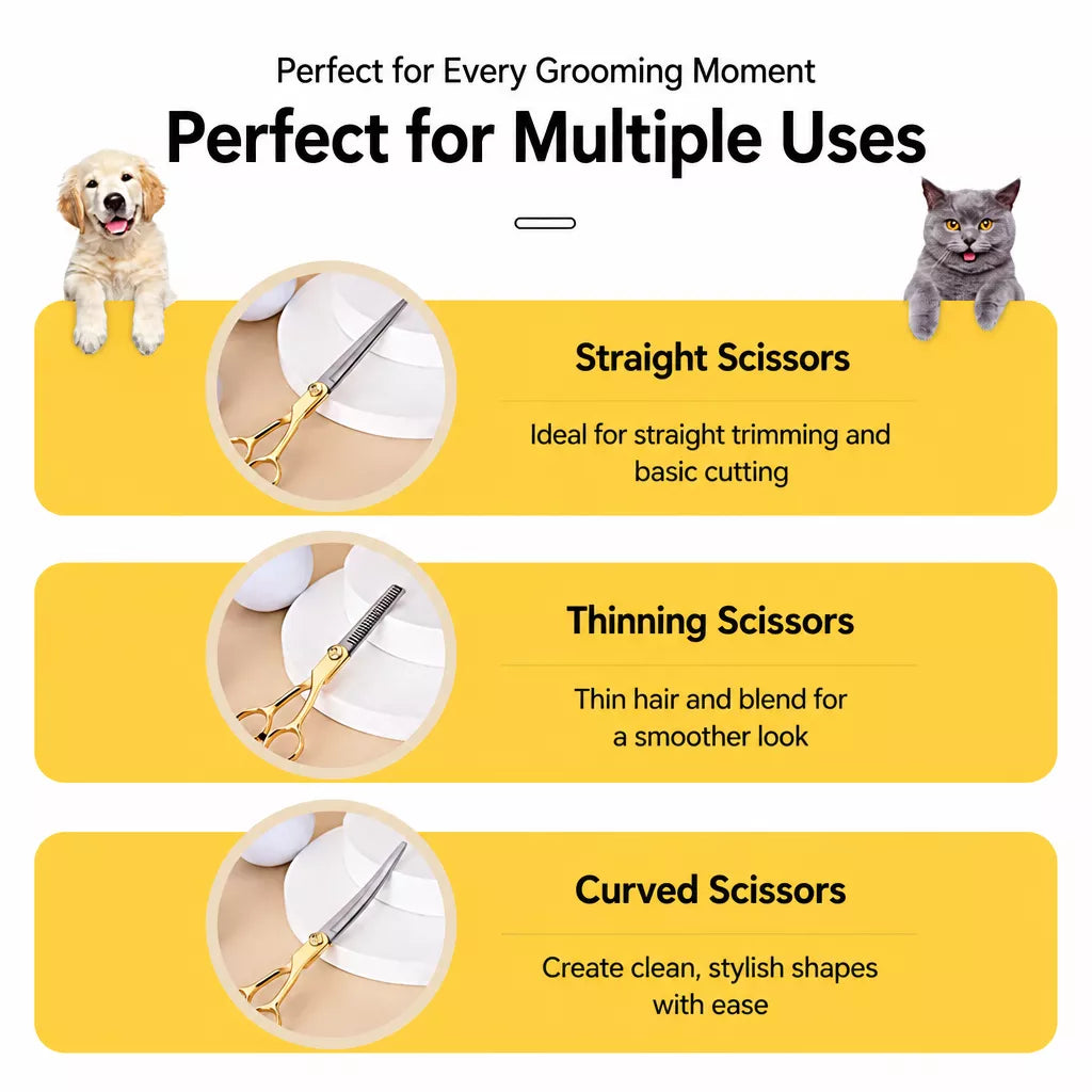 Dog Grooming Shears Set with Thinning, Curved & Straight Shears
