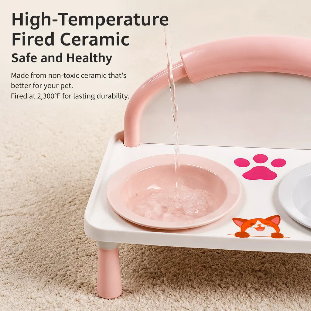 Elevated Double Pet Bowl Stand with Ceramic Bowls