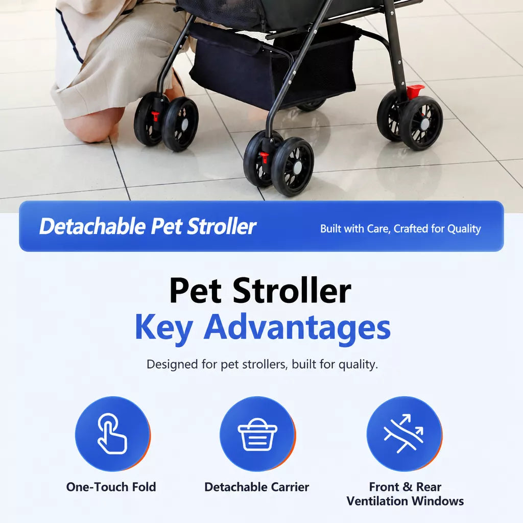 Foldable Pet Stroller with Removable Carrier and Tray