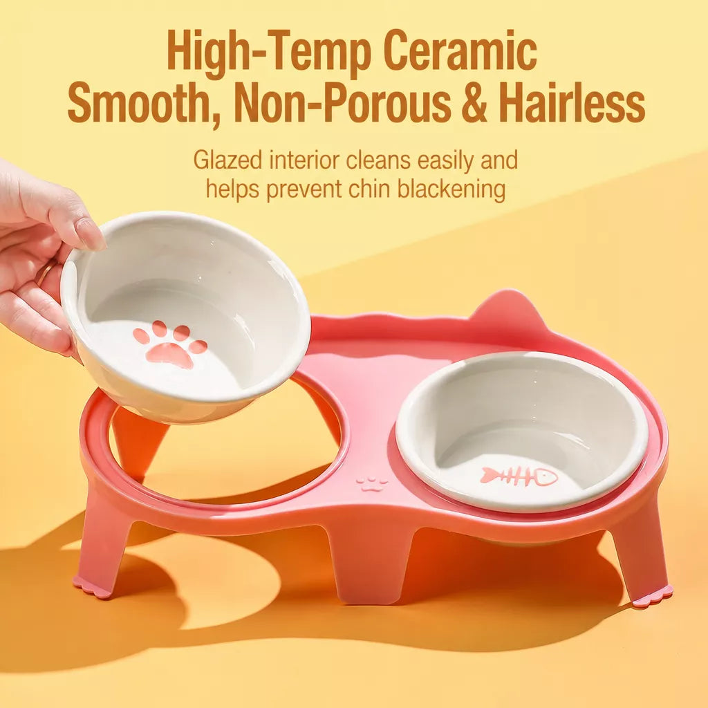 Elevated Double-Bowl Ceramic Cat Feeding Set