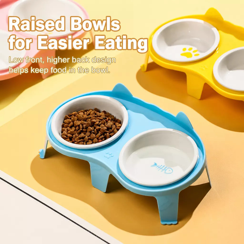 Elevated Double-Bowl Ceramic Cat Feeding Set