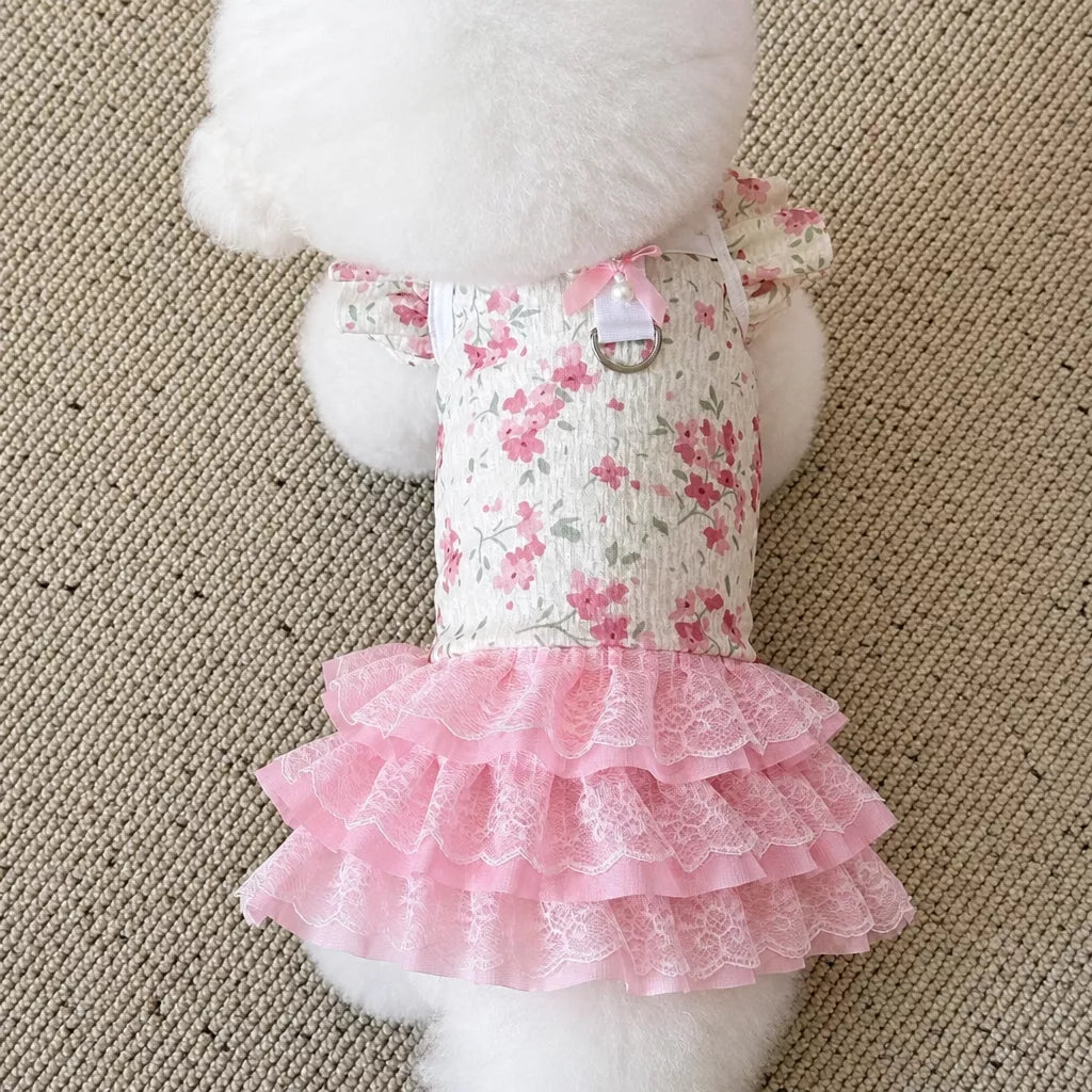 Floral Pet Dress with Leash Clip for Cats and Small Dogs