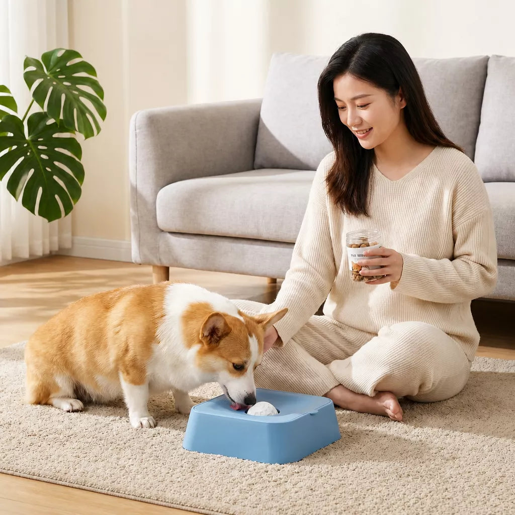 Pet Slow Feeder Bowl with Lick Ball and Water Dish