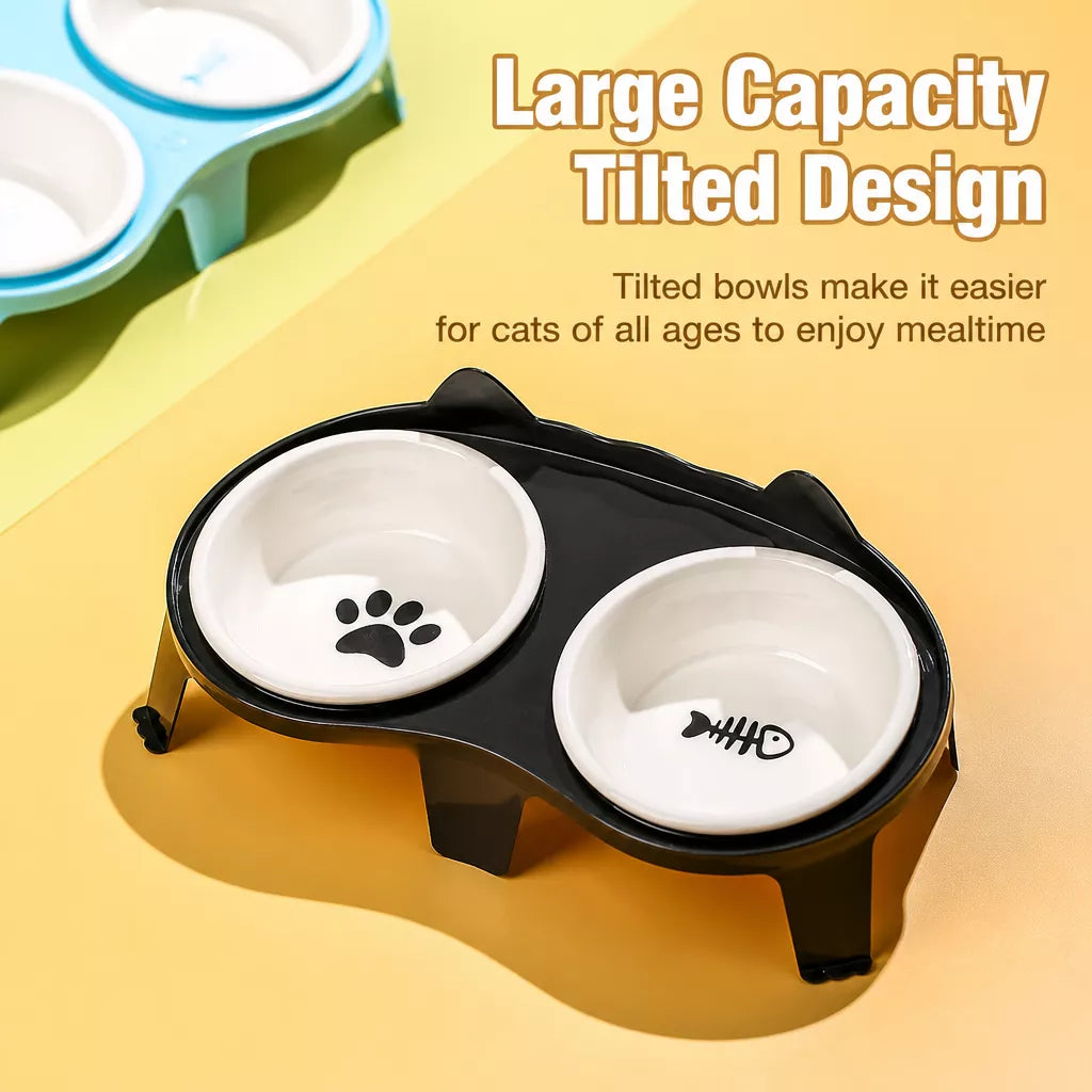 Elevated Double-Bowl Ceramic Cat Feeding Set