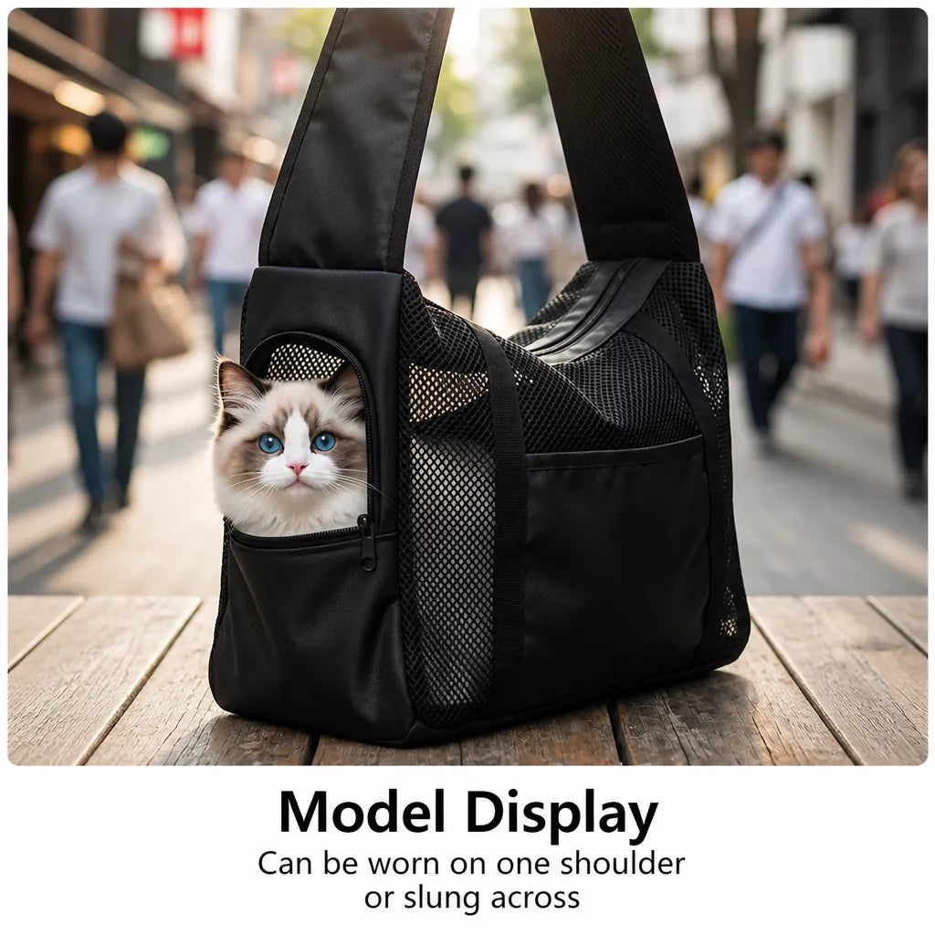 Faux Leather Mesh Crossbody Pet Carrier for Small Cats and Dogs