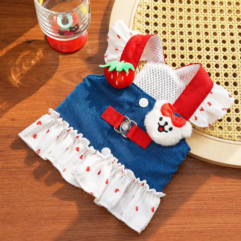 Cotton Denim-Style Pet Dress with Harness and Leash