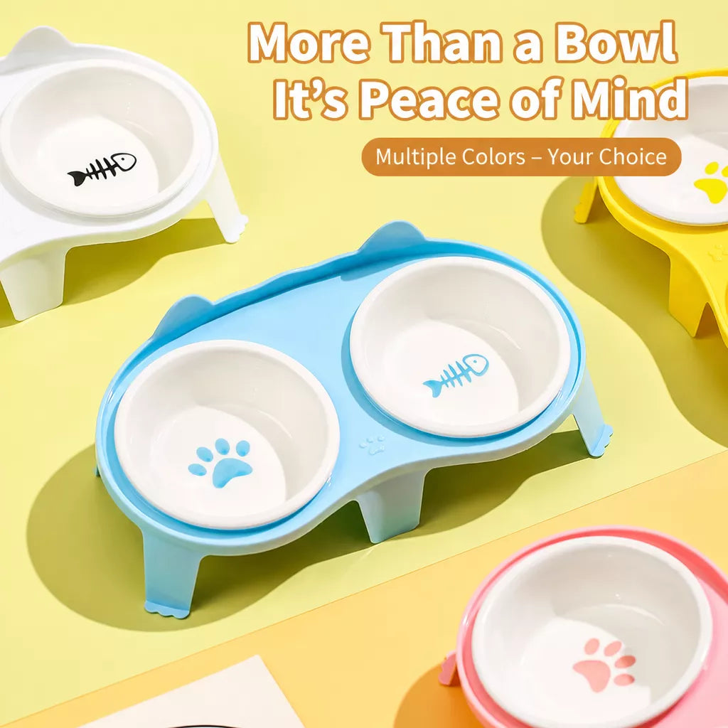 Elevated Double-Bowl Ceramic Cat Feeding Set
