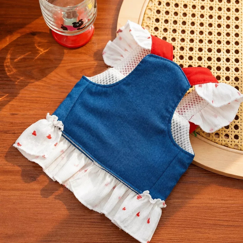 Cotton Denim-Style Pet Dress with Harness and Leash