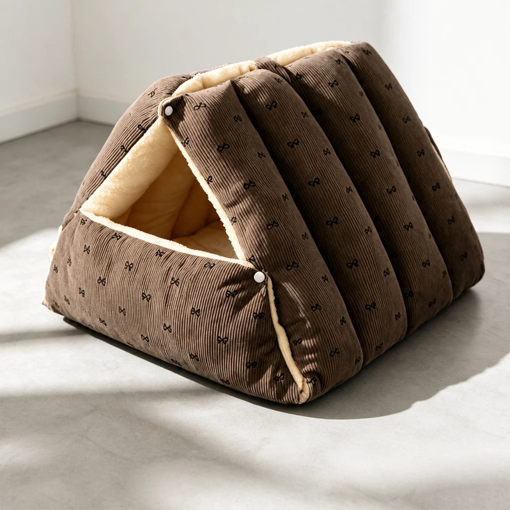 Semi-Enclosed Corduroy Pet Tent Bed for Cats & Dogs