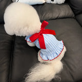 Lightweight Striped Pet Dress with Bow and Flutter Sleeves