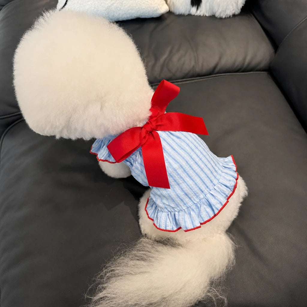 Lightweight Striped Pet Dress with Bow and Flutter Sleeves