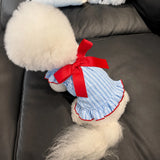 Lightweight Striped Pet Dress with Bow and Flutter Sleeves