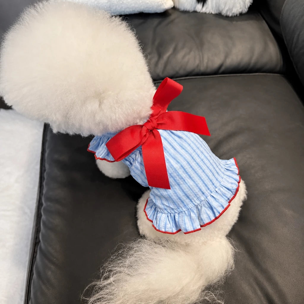 Lightweight Striped Pet Dress with Bow and Flutter Sleeves