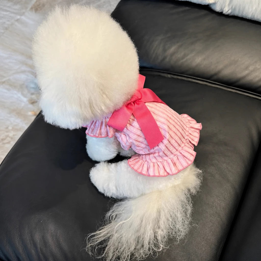Lightweight Striped Pet Dress with Bow and Flutter Sleeves