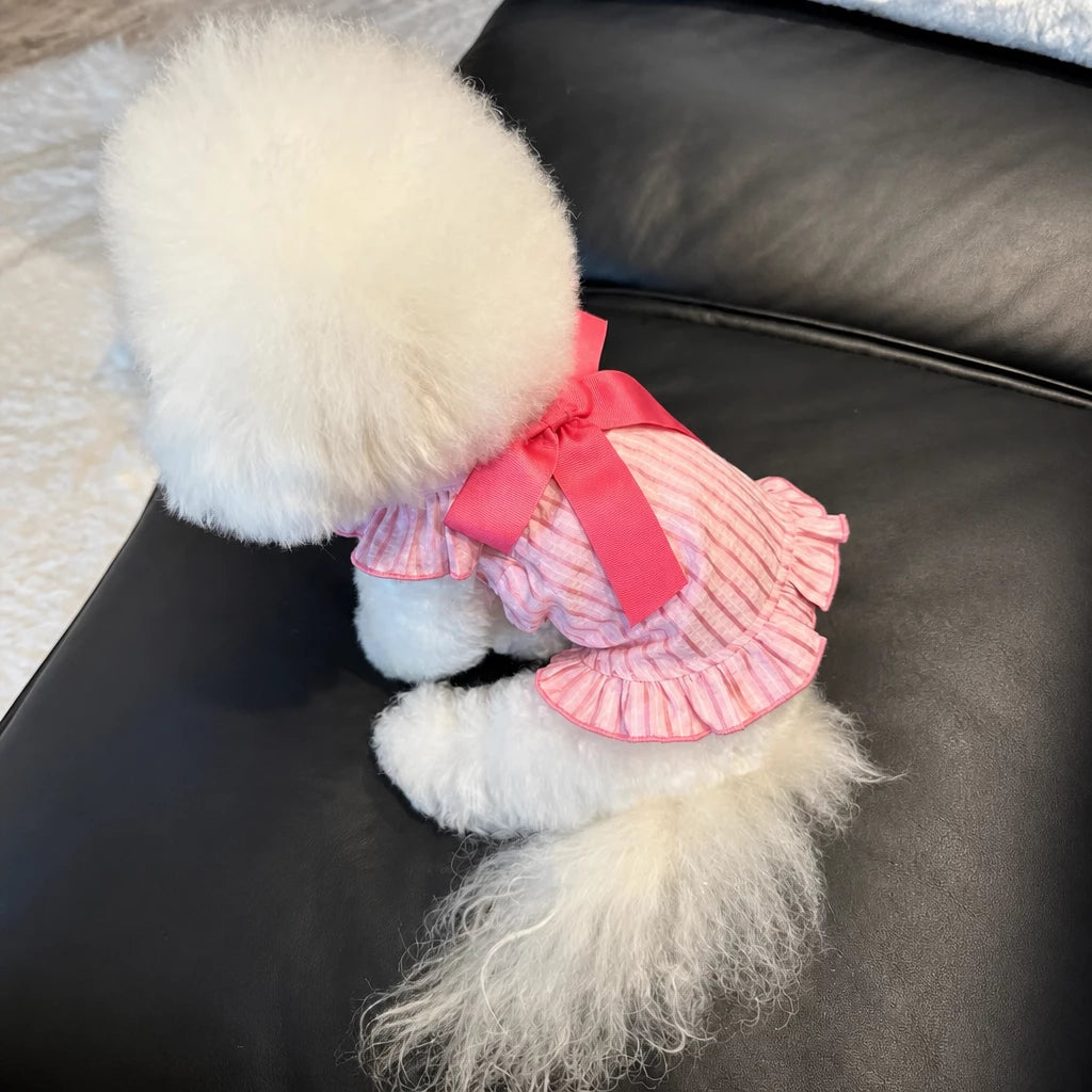 Lightweight Striped Pet Dress with Bow and Flutter Sleeves