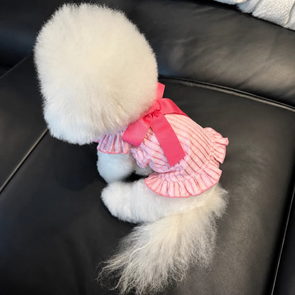 Lightweight Striped Pet Dress with Bow and Flutter Sleeves