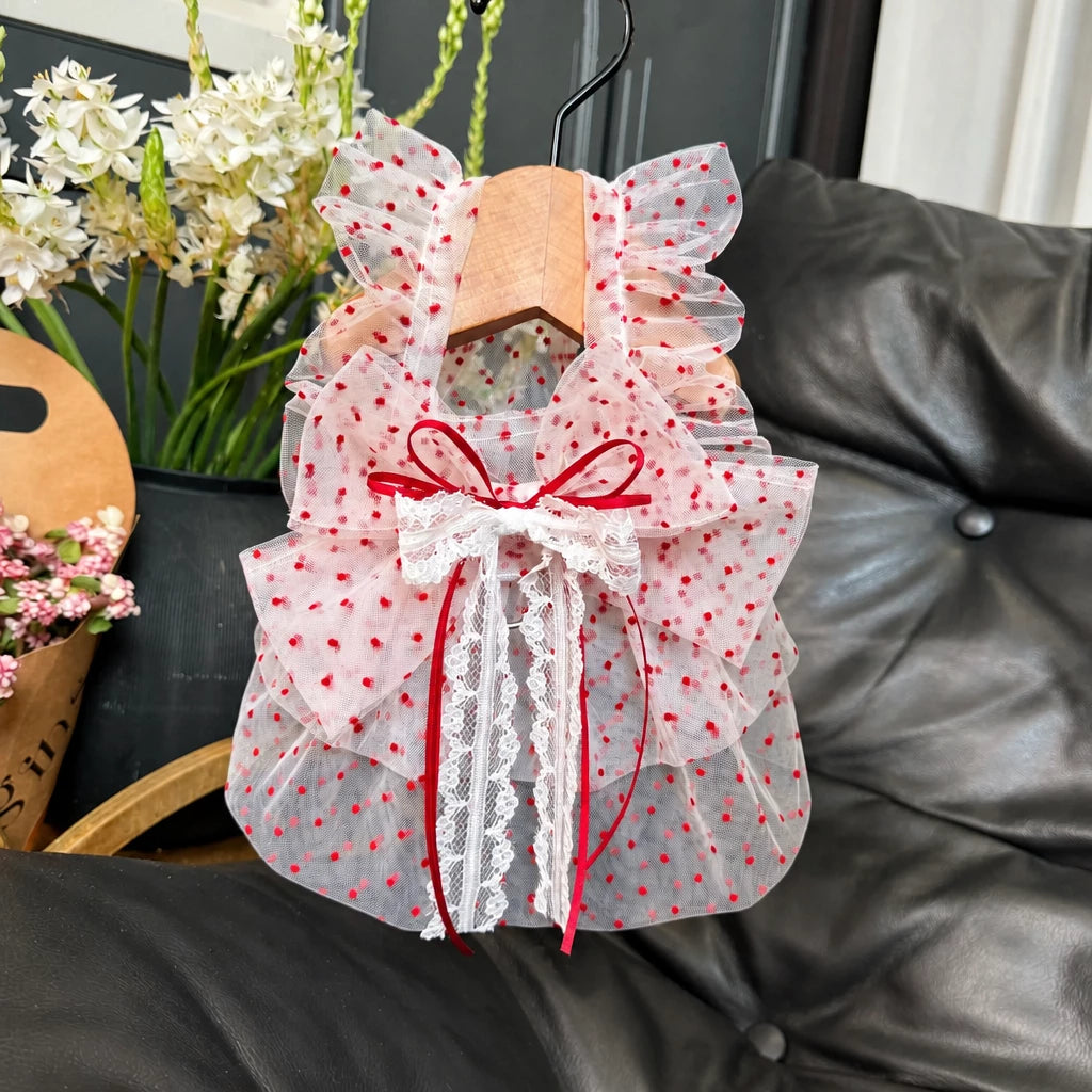 Red Polka-Dot Pet Dress with Leash Ring for Dogs and Cats