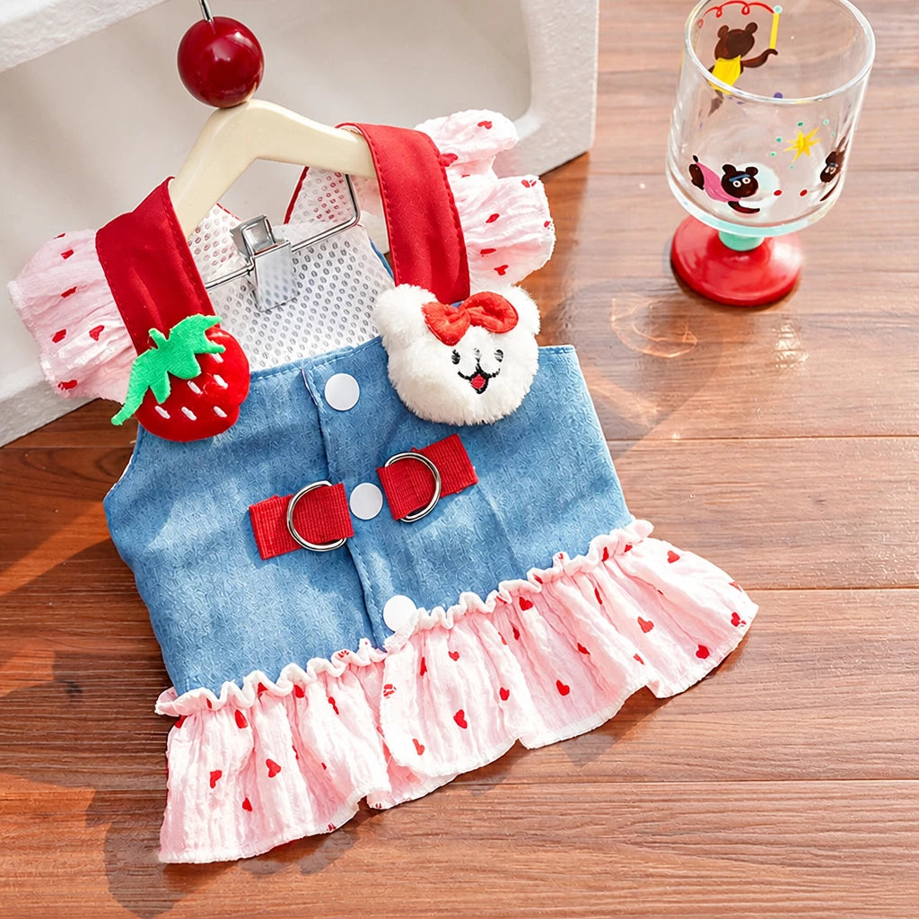 Cotton Denim-Style Pet Dress with Harness and Leash