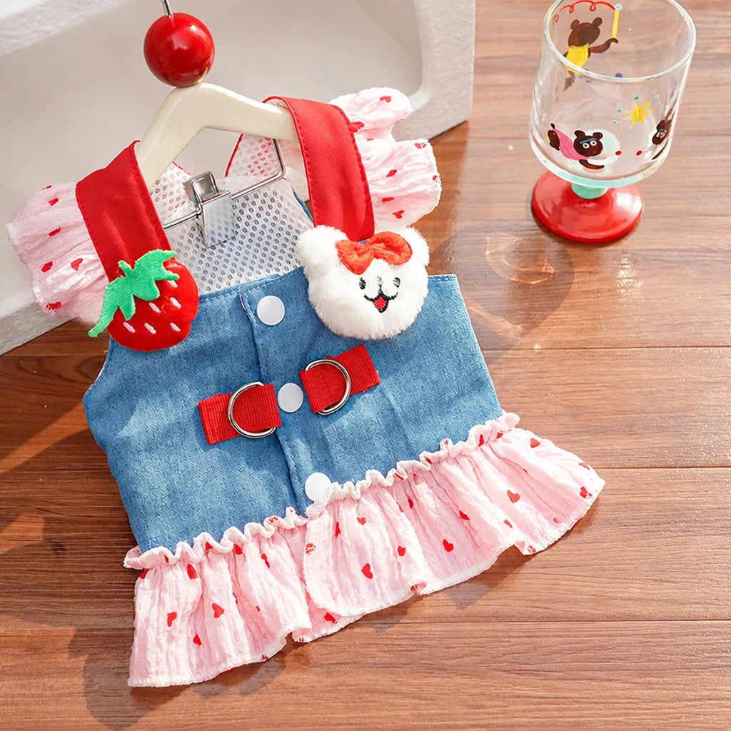 Cotton Denim-Style Pet Dress with Harness and Leash