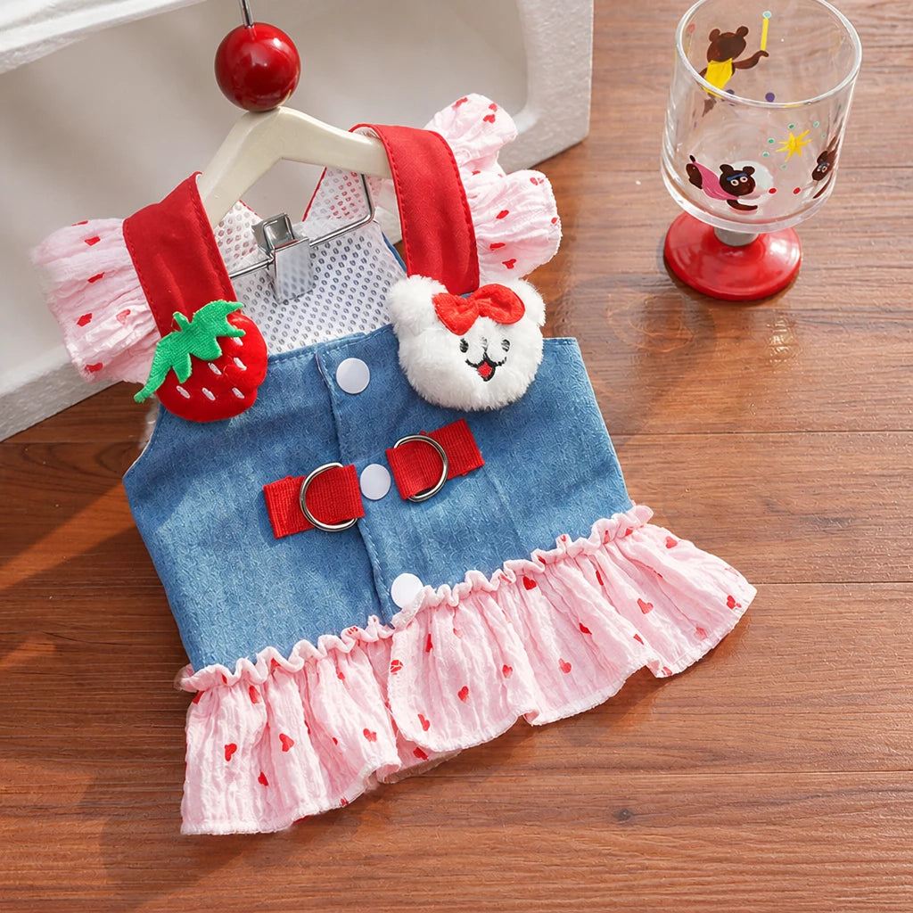 Cotton Denim-Style Pet Dress with Harness and Leash