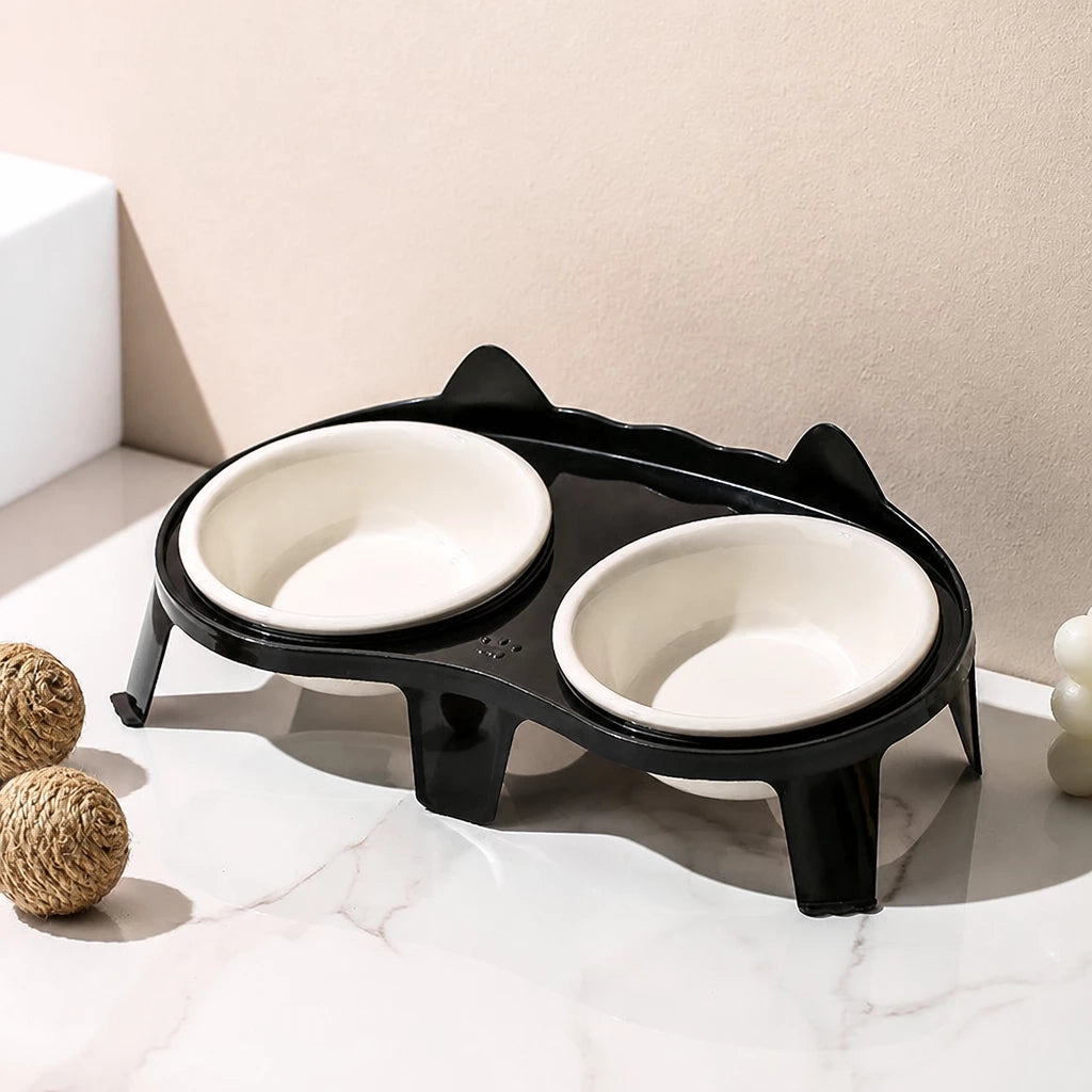 Elevated Double-Bowl Ceramic Cat Feeding Set