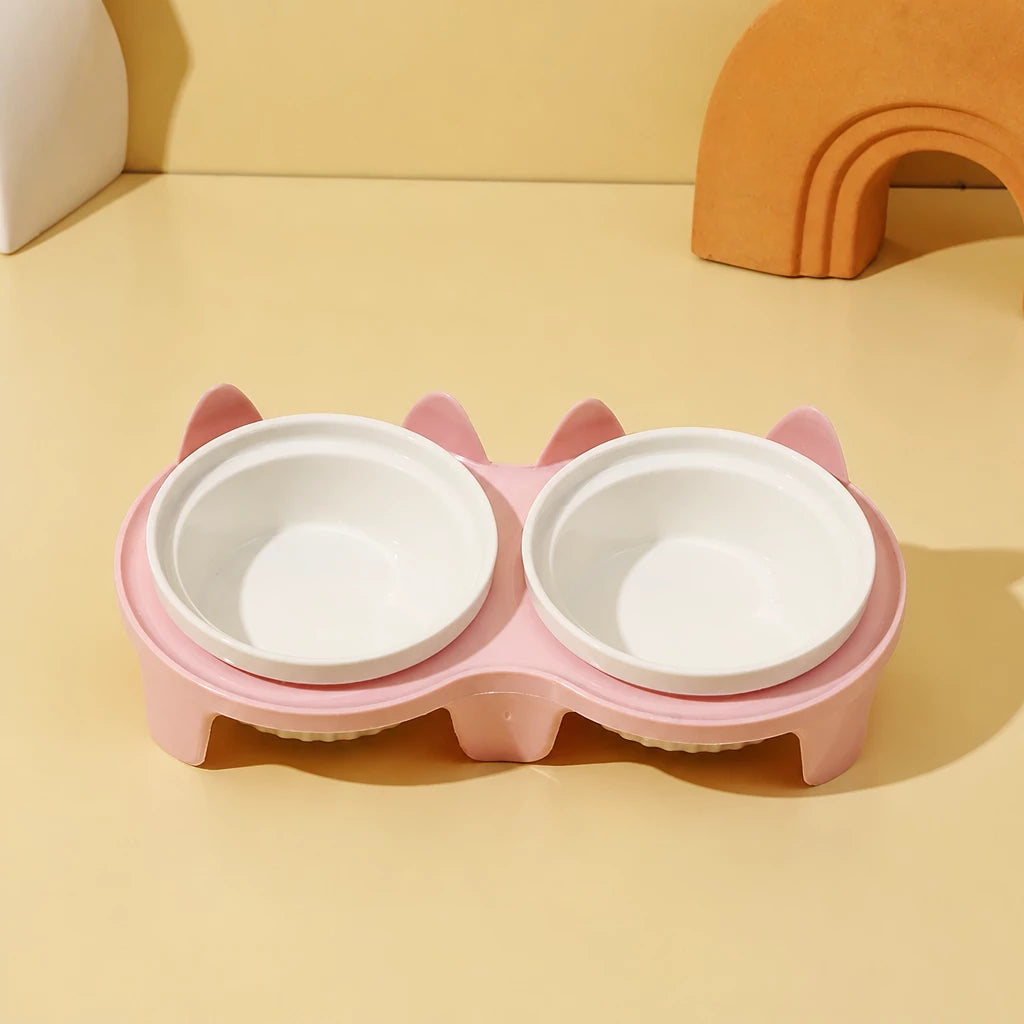 Elevated Ceramic Two-Bowl Pet Feeding Set with Stand