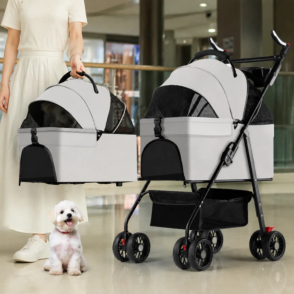 Foldable Pet Stroller with Removable Carrier and Tray