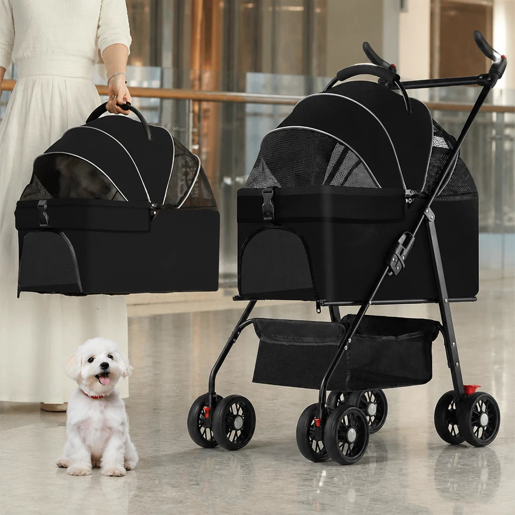 Foldable Pet Stroller with Removable Carrier and Tray