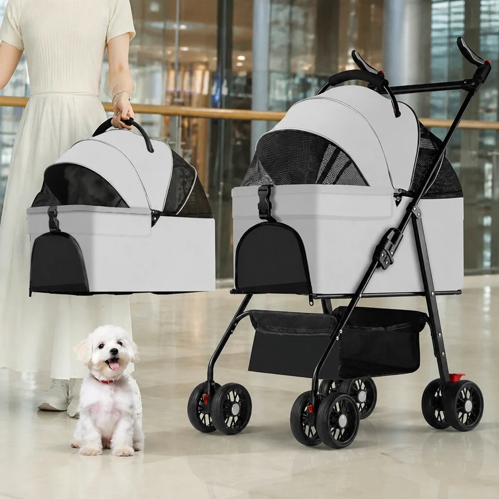 Foldable Pet Stroller with Removable Carrier and Tray