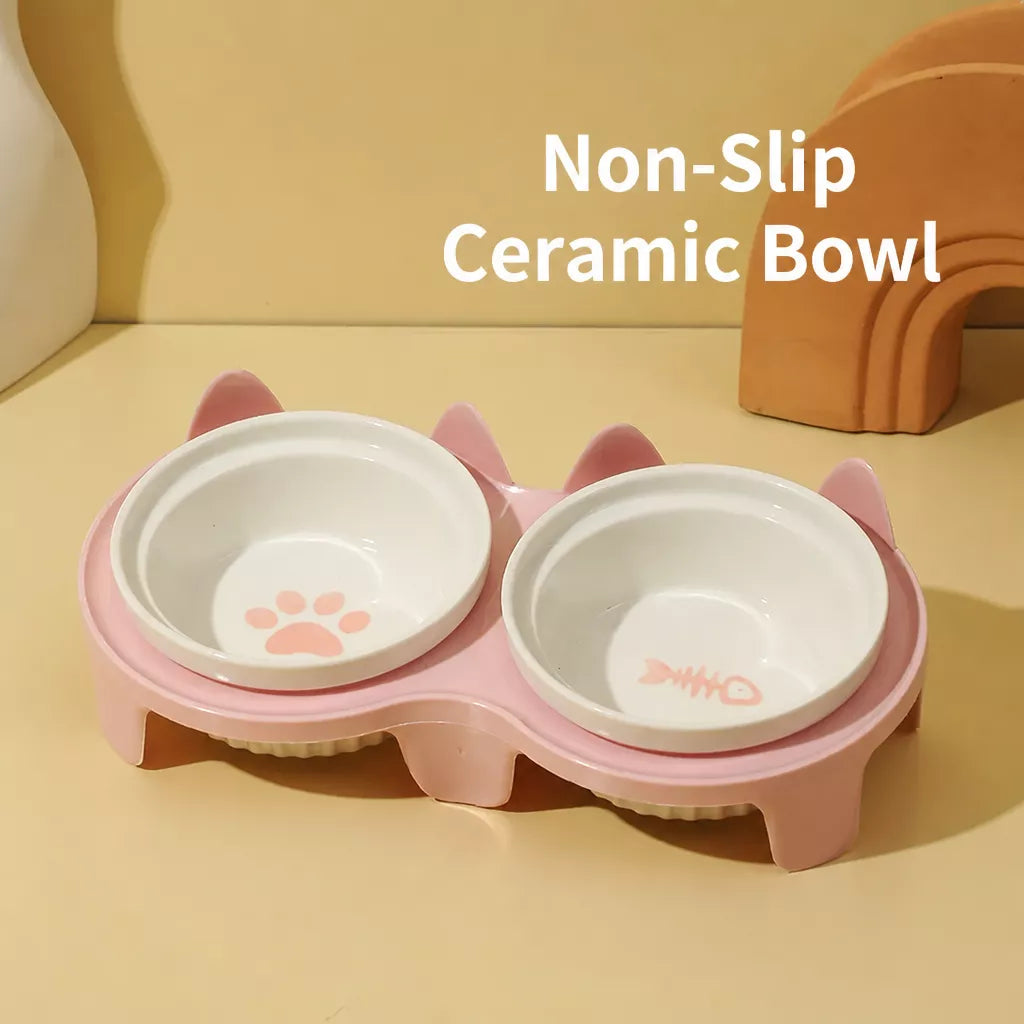Elevated Ceramic Two-Bowl Pet Feeding Set with Stand