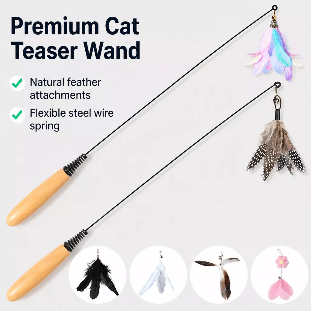 Cat Wand Toy with Feather Replacement Heads
