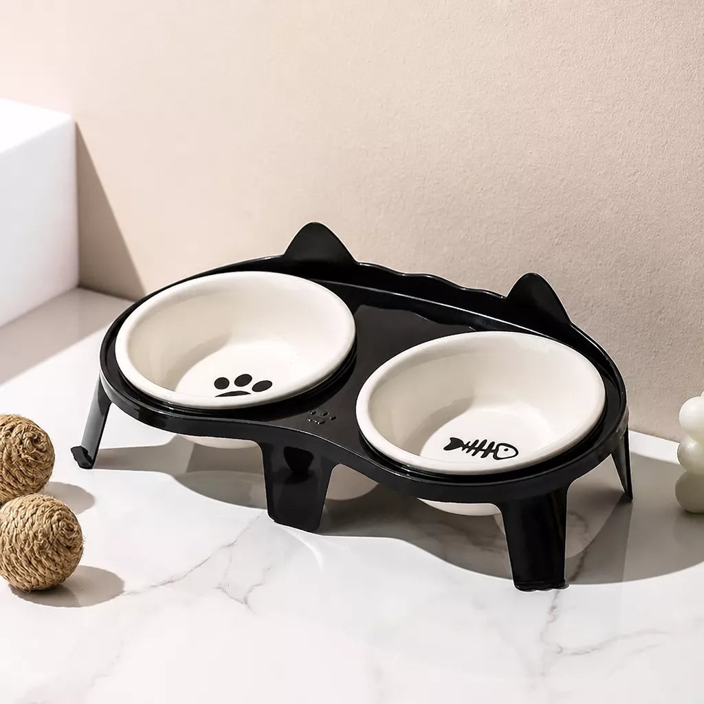 Elevated Double-Bowl Ceramic Cat Feeding Set