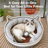 Faux Cotton-Linen Cat Bed with Built-In Scratcher