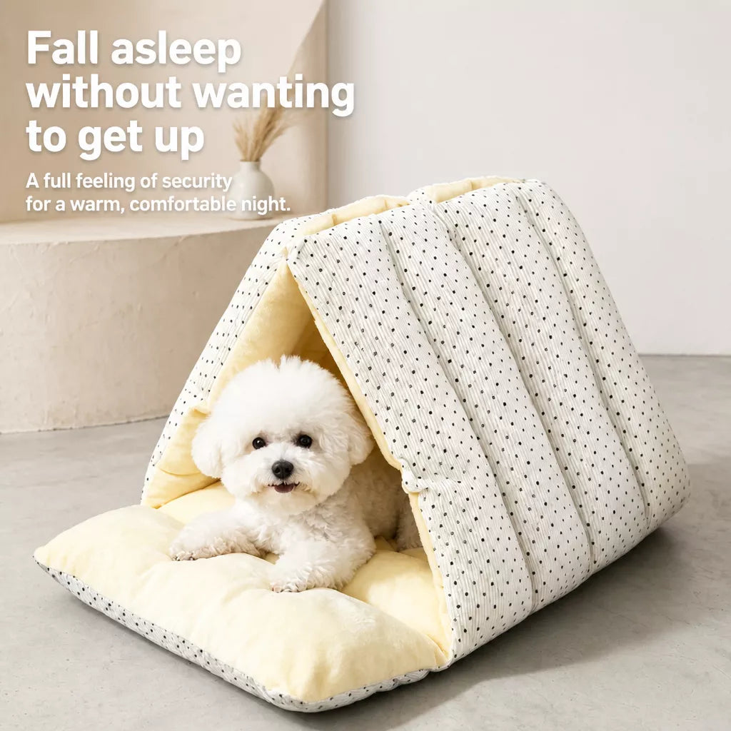 Semi-Enclosed Corduroy Pet Tent Bed for Cats & Dogs