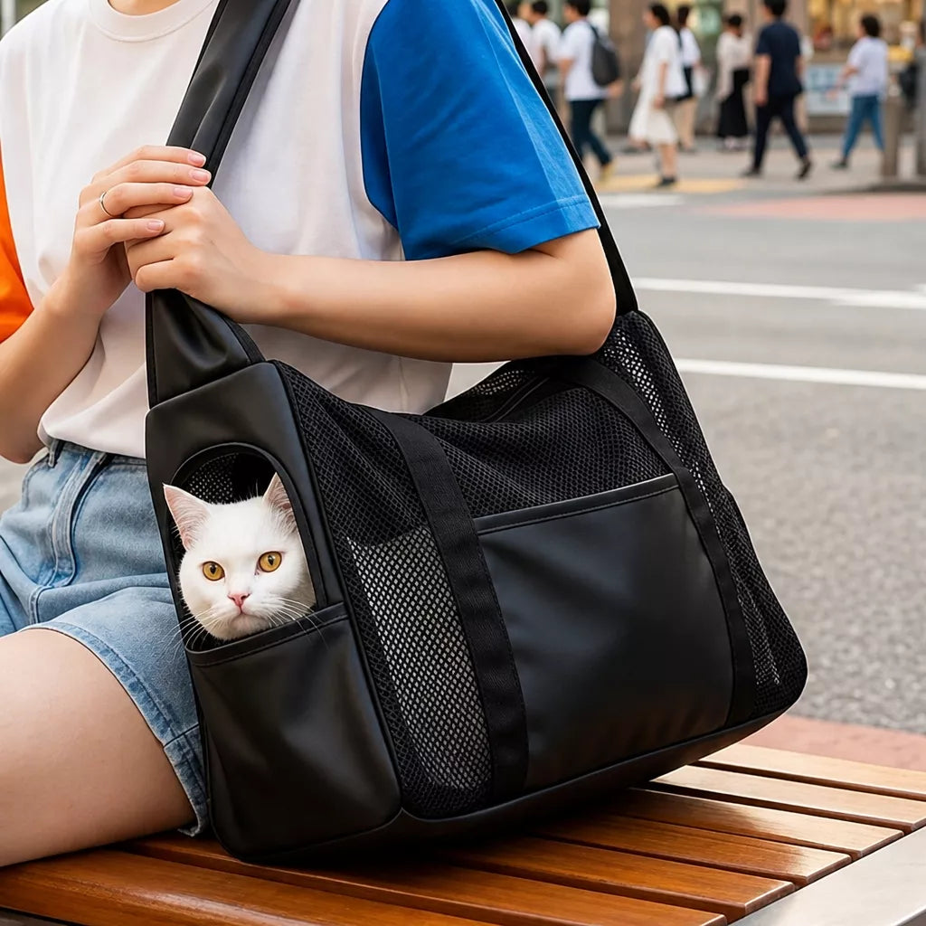 Faux Leather Mesh Crossbody Pet Carrier for Small Cats and Dogs